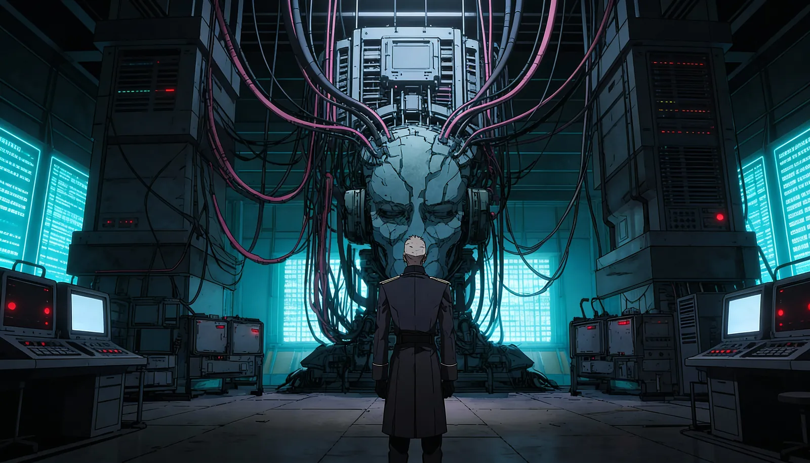 A lone officer standing before a giant machine head wired with cables