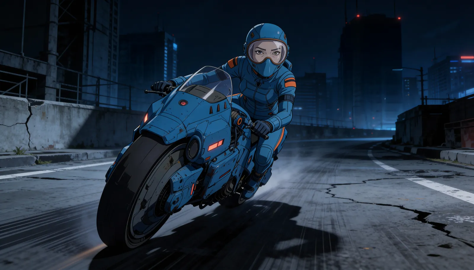 Zelle Mercer racing a blue armored motorcycle through a ruined city at night