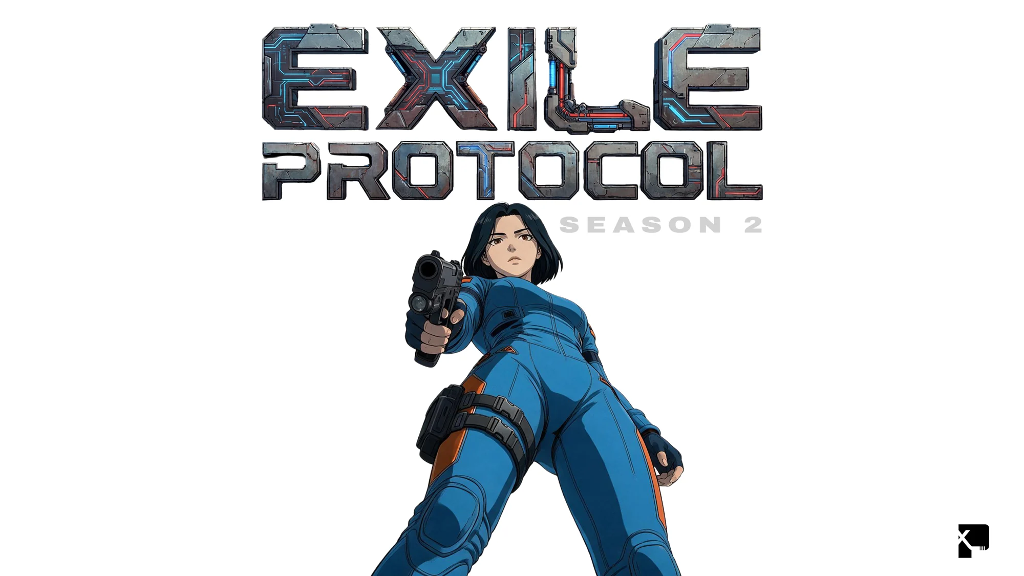 Exile Protocol Season 2 cover: the logo above Kaito Ren aiming a pistol, shot from a low angle
