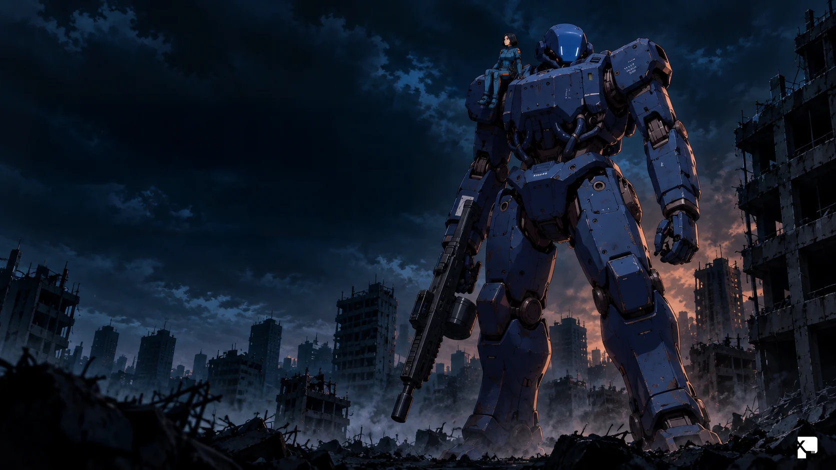 Kaito Ren sitting on the shoulder of the mobile suit Ronin in a ruined city at dusk