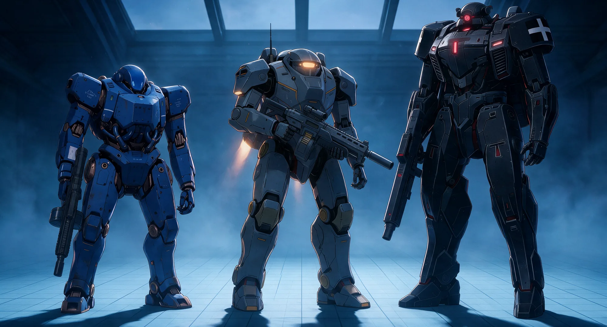 Three combat frames standing side by side in a misty hangar: the blue Type-12 Raijin, the grey Type-4 Colossal of Halitus Two, and the black New Sweden Type-2 Siegebreaker