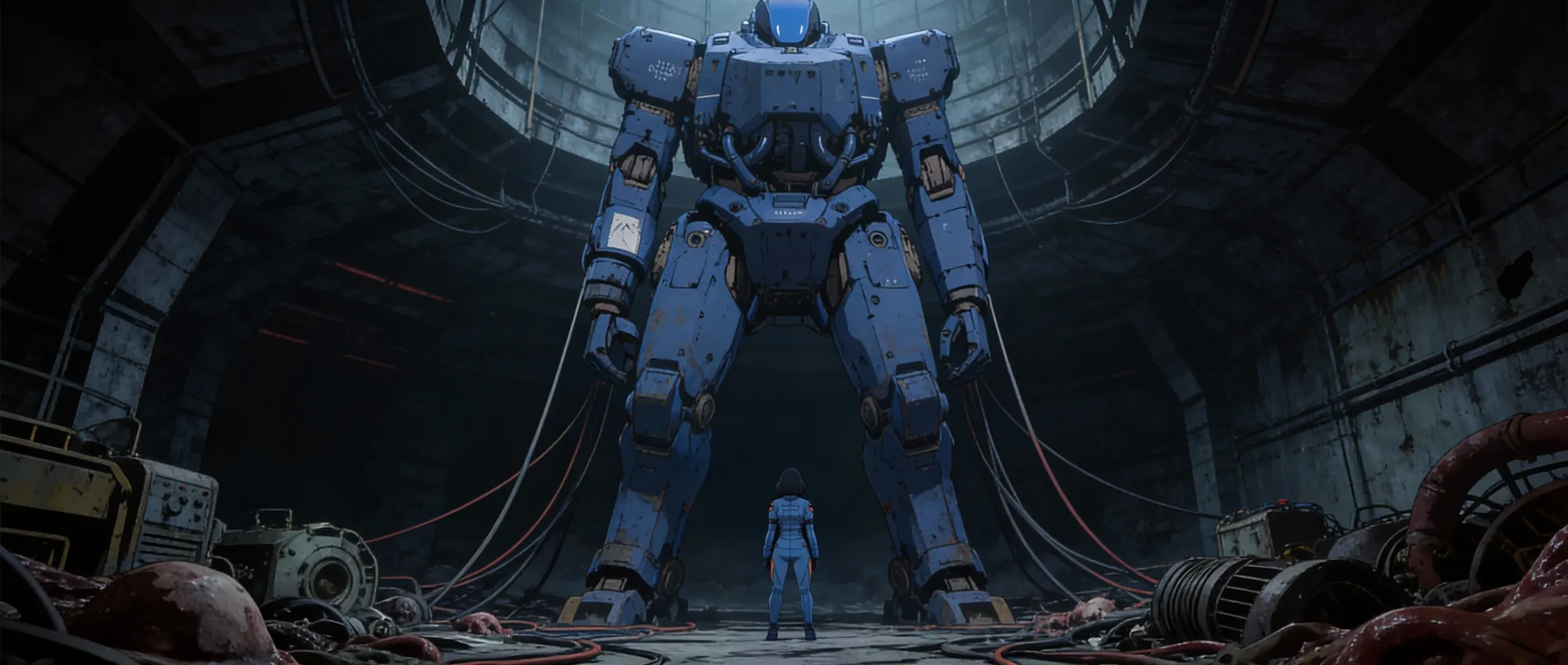 Type-12 Raijin, a towering blue combat frame in an underground silo, with a pilot standing beneath it