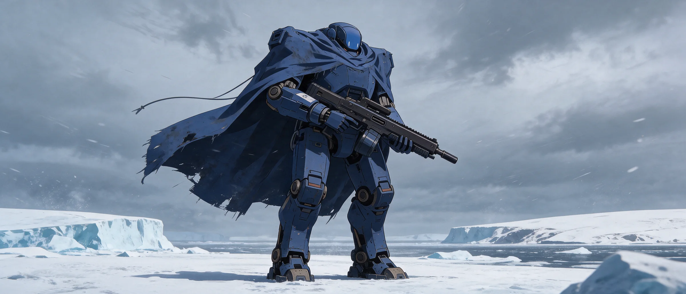 A cloaked blue combat frame holding a rifle on a frozen coastline in a snowstorm