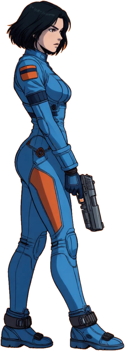 Zelle Mercer standing in profile in her blue flight suit, pistol lowered